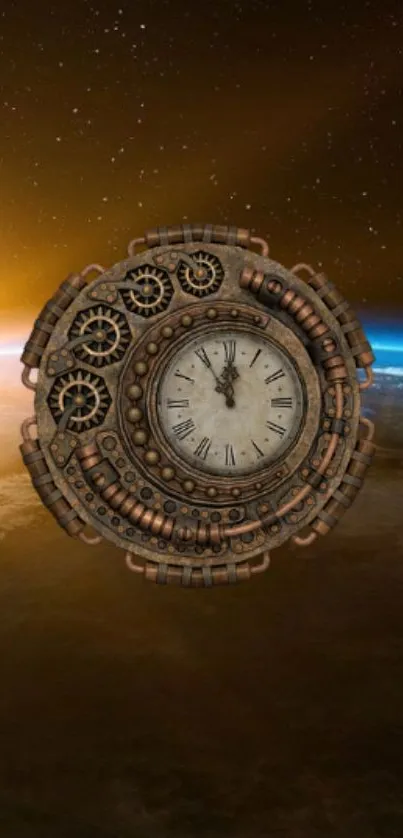 Futuristic gear clock with planetary background as mobile wallpaper.