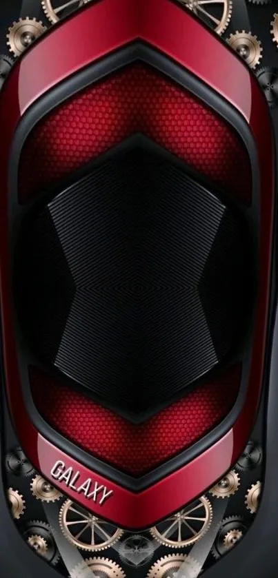 Futuristic gear design with red accents on a phone wallpaper.