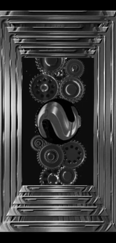 Futuristic metallic gear design in black monochrome frame.