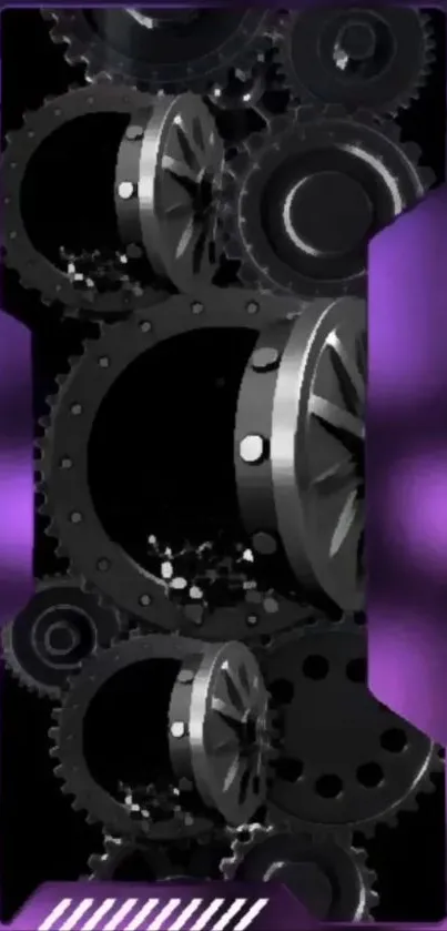 Futuristic mobile wallpaper with gears and purple highlights.