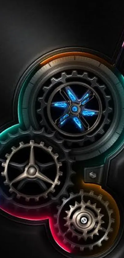 Futuristic mobile wallpaper with glowing gears on dark background.