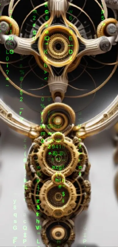 Futuristic wallpaper with gears and digital codes in gold and green hues.