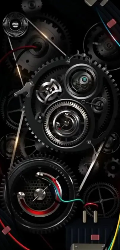 Futuristic wallpaper with colorful gears and wires on a black background.