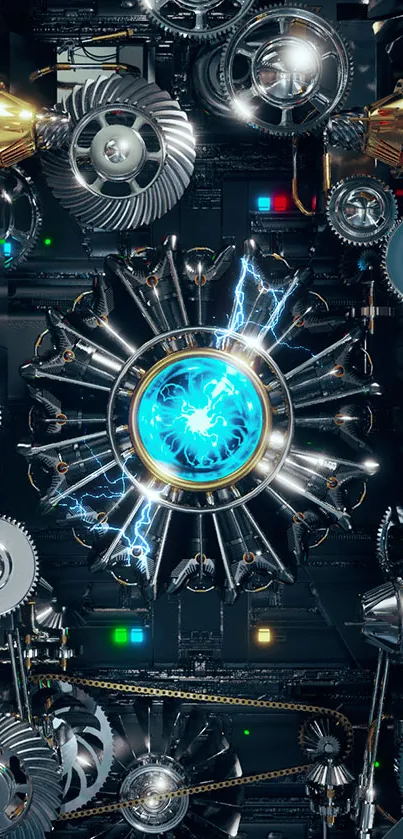 Futuristic gear mechanism with electric blue energy core.