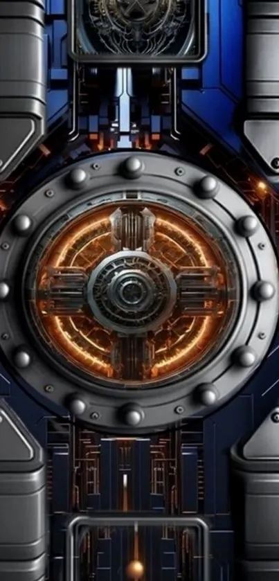 Futuristic gear mechanism with blue accents in a detailed wallpaper.