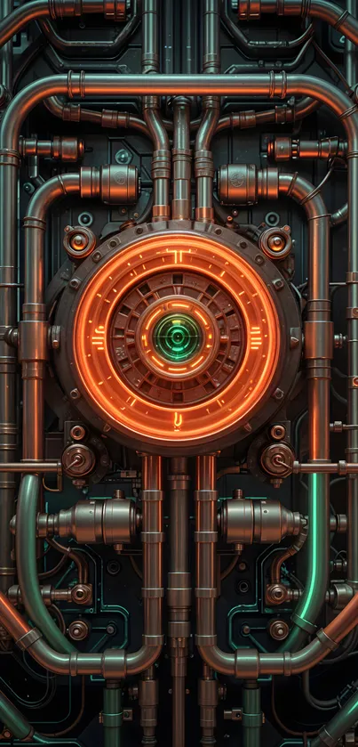 Futuristic mobile wallpaper with orange glowing gear and metallic pipes.