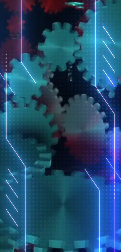 Futuristic wallpaper with glowing gears and blue digital circuits.