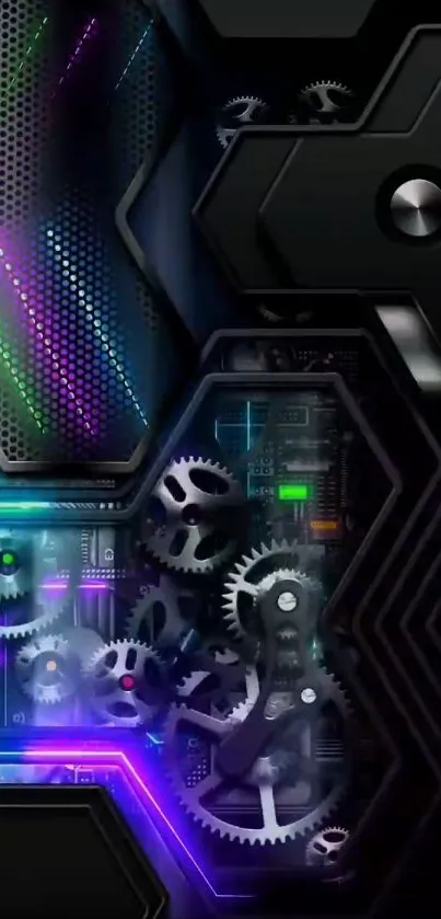 Futuristic gear wallpaper with rainbow neon accents.