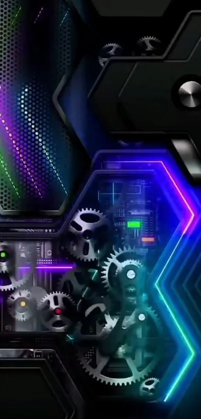 Futuristic gear tech wallpaper with neon lights.