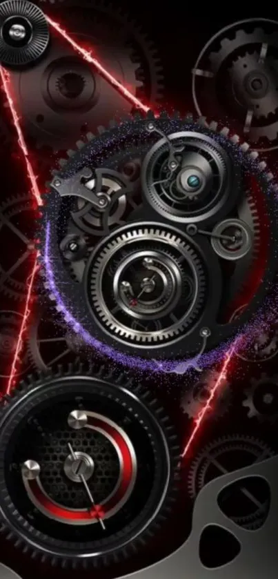 Futuristic gears with red and purple accents on a black background.