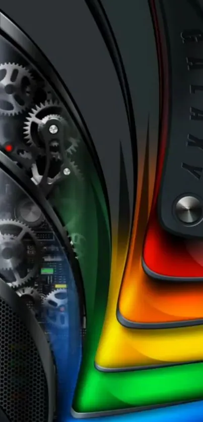 Futuristic wallpaper with colorful gears and sleek design.