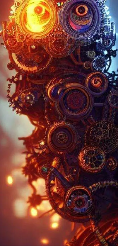 Abstract wallpaper with futuristic gears and vibrant orange lighting.