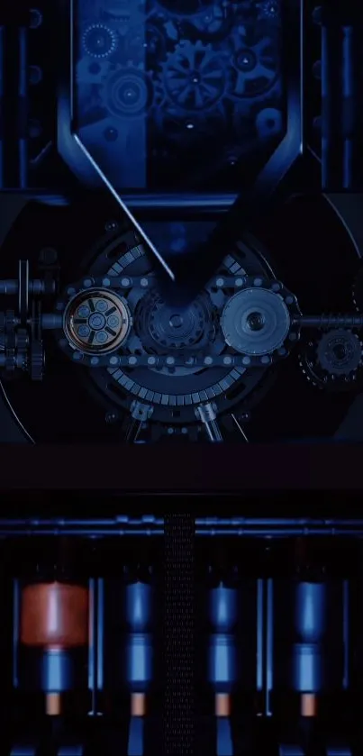 Futuristic mobile wallpaper featuring blue mechanical gears.