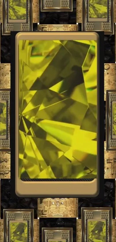 Futuristic yellow gemstone on metallic background.