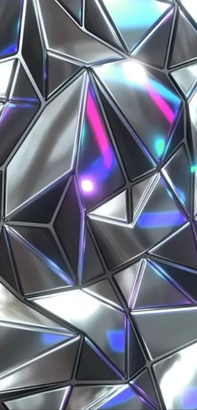 Futuristic geometric design with metallic textures in silver and iridescent hues.