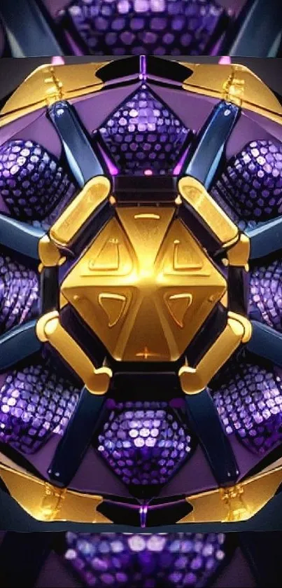 Futuristic geometric art wallpaper with vibrant purple and gold design.