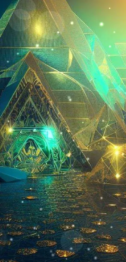 Futuristic geometric art wallpaper in teal and gold hues, perfect for tech enthusiasts.