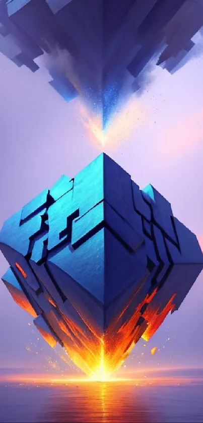 Futuristic geometric cubes with blue-orange glow on a mobile wallpaper.