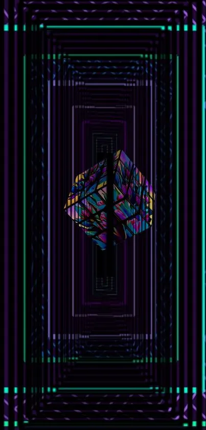 Futuristic geometric art wallpaper with colorful cube pattern on smartphone screen.