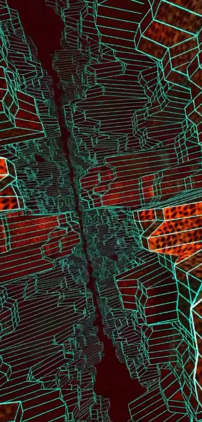 Futuristic geometric art with red and teal lines.