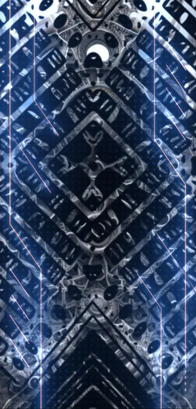 Futuristic geometric wallpaper with metallic textures and blue lines.