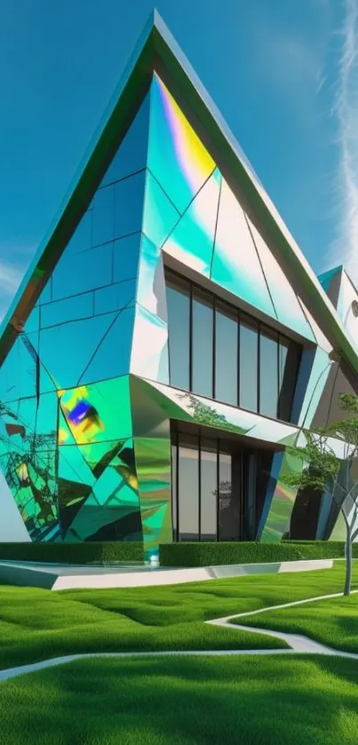 Futuristic building with geometric design against blue sky.
