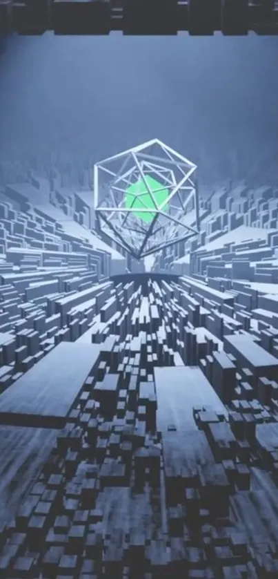 Futuristic wallpaper with a geometric cube and vibrant green core.