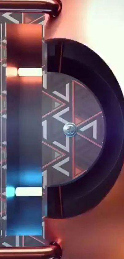 Futuristic geometric design with metallic elements in copper tones.