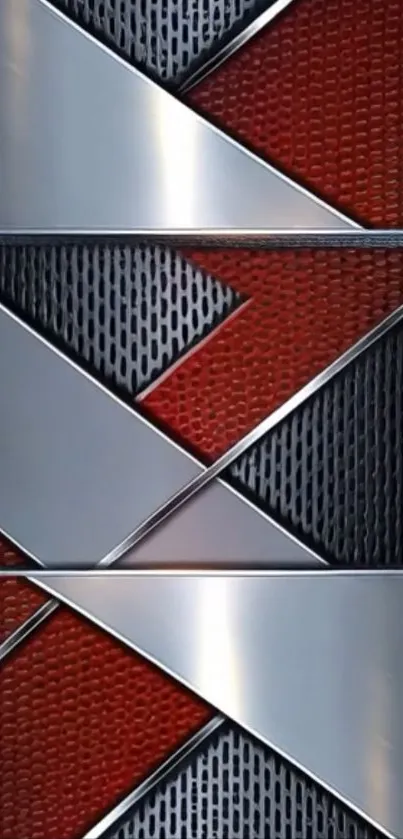 Futuristic geometric design with metallic and red accents.