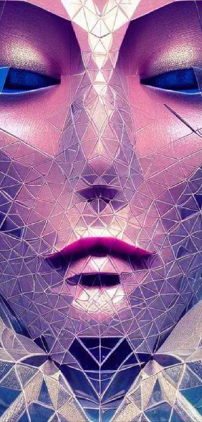 Futuristic geometric face art in pink and purple hues, abstract and modern design.