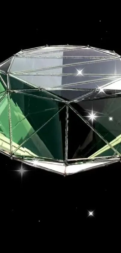 Futuristic geometric glass structure on black background.