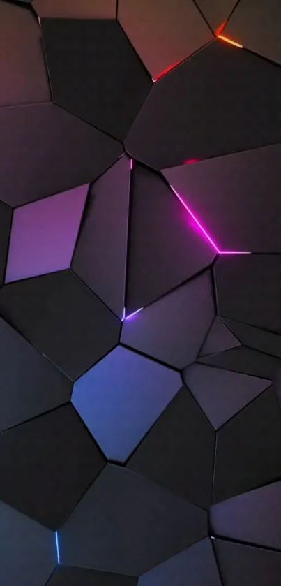 Futuristic dark geometric wallpaper with neon edges and polygons.