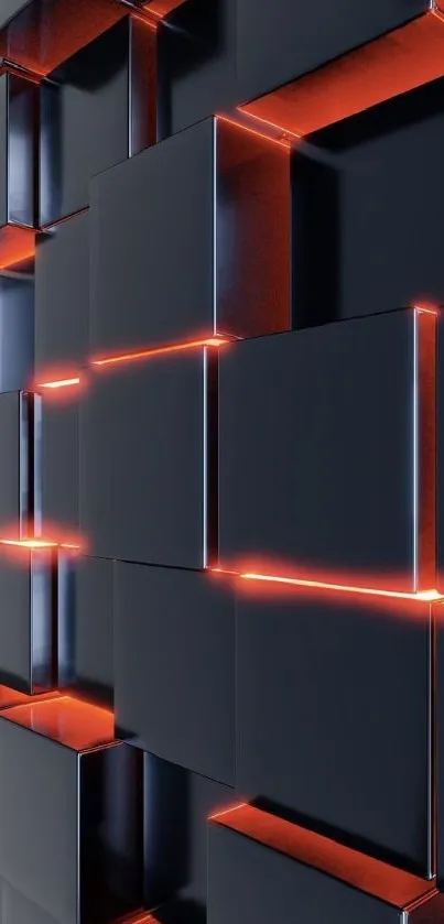 Futuristic geometric wallpaper with glowing orange lights.