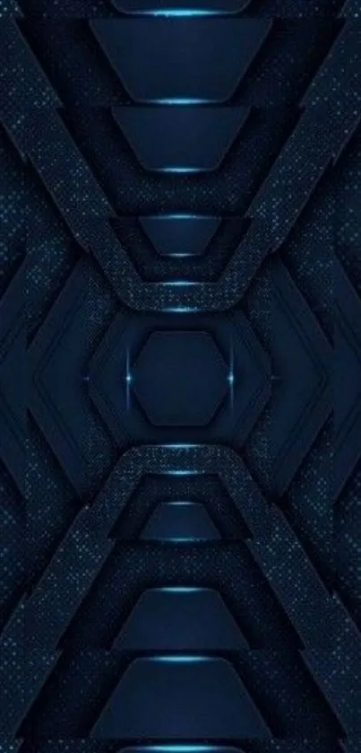 Futuristic geometric abstract design in deep blue tones.