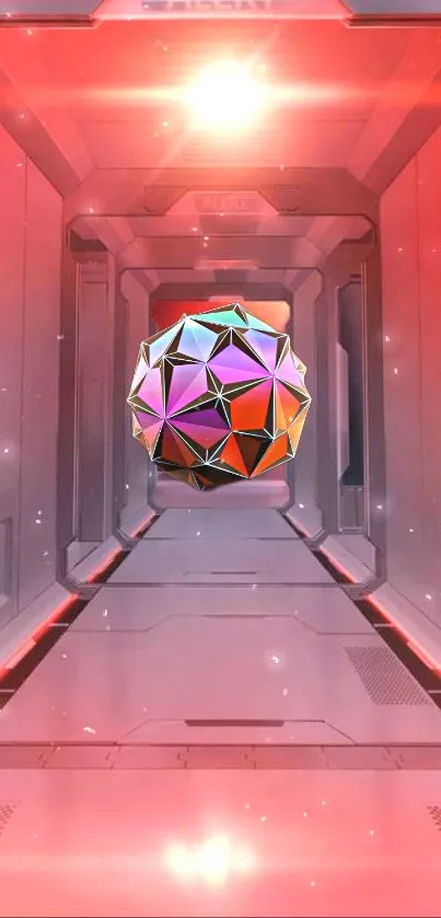 Futuristic wallpaper with floating geometric sphere in a glowing red corridor.