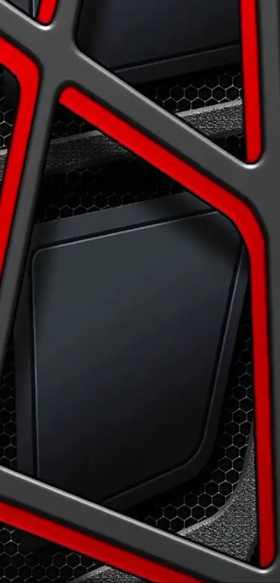 Futuristic geometric design with red highlights.