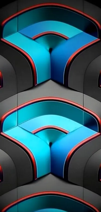 Futuristic geometric pattern with blue, gray, and red accents.