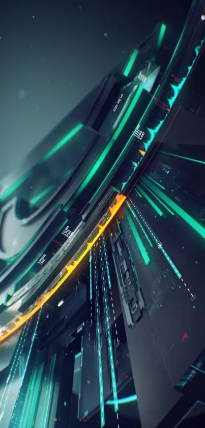 Futuristic geometric design with neon teal and black accents.