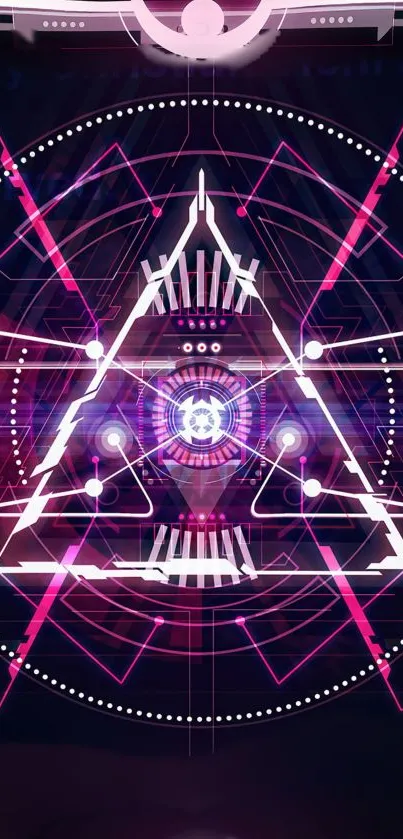 Futuristic neon geometric design in vibrant magenta and black background.