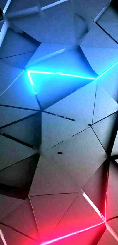 Futuristic geometric wallpaper with neon blue and red lines on a dark background.