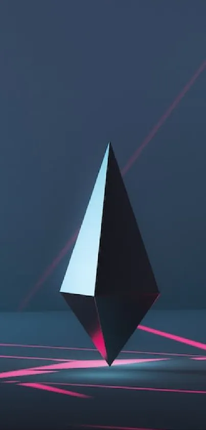 Futuristic geometric shape with neon lights on a dark blue background.