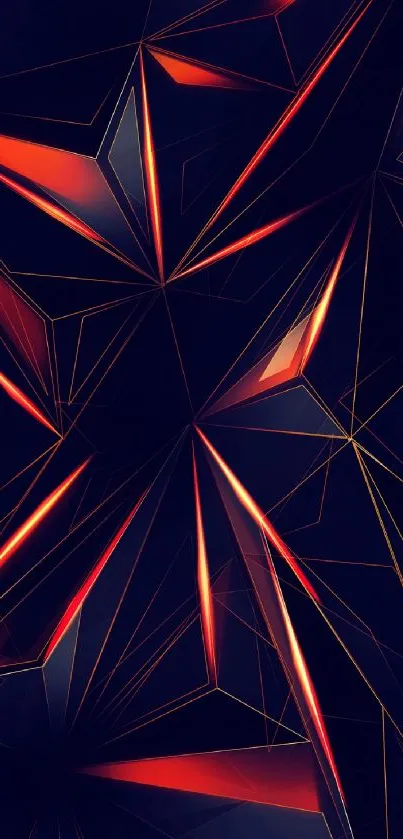 Futuristic geometric wallpaper with glowing red lines on dark blue.