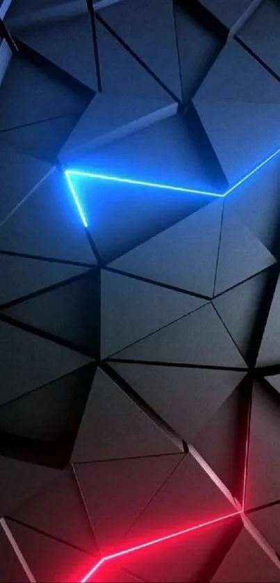 3D geometric wallpaper with neon blue and red lights.