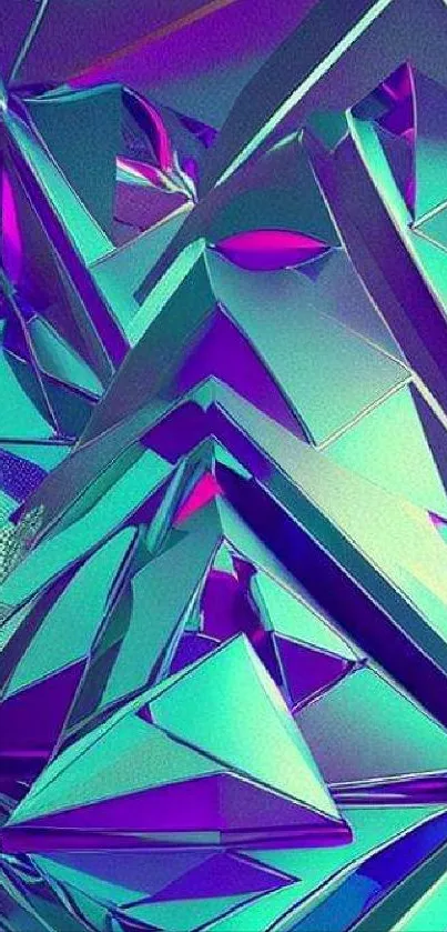 Futuristic geometric wallpaper in teal and purple hues with 3D shapes.