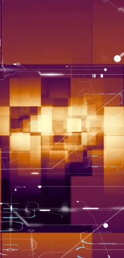 Futuristic geometric wallpaper with orange and purple tones and abstract shapes.