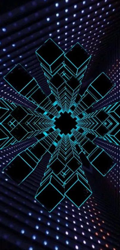 Futuristic geometric design with neon blue cubes and a tunnel effect on a phone wallpaper.