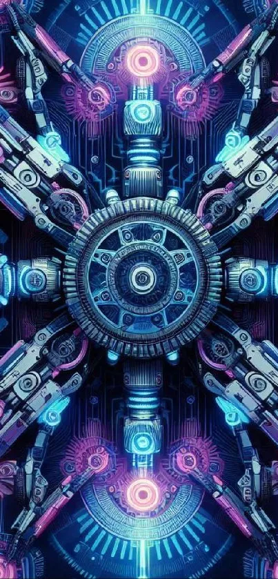 Futuristic neon gear design with vibrant colors and intricate details.