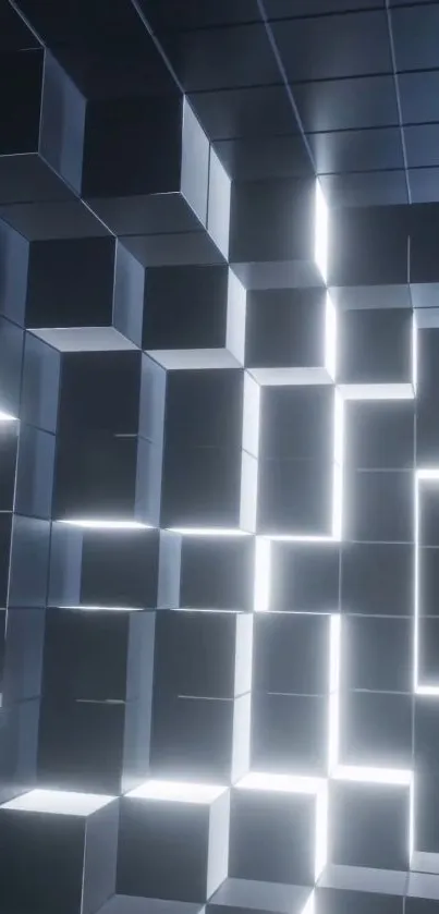 Futuristic dark grey geometric cubes with neon highlights wallpaper.