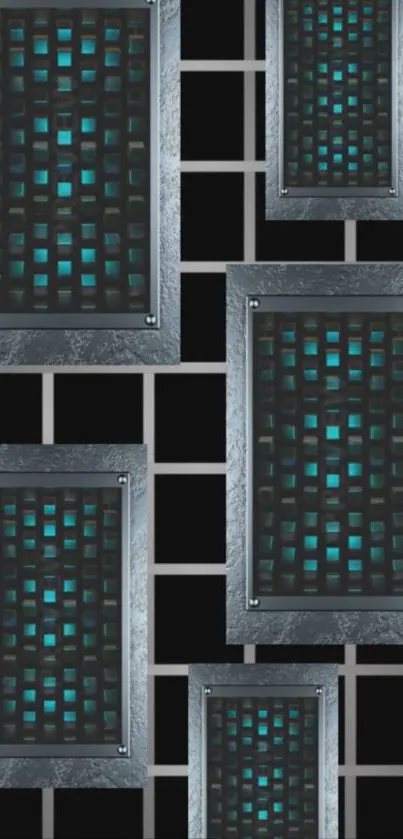 Futuristic geometric wallpaper with a metallic grid and blue accents.