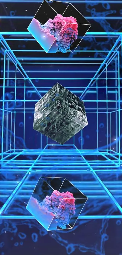 Futuristic neon blue cubes and cosmic background wallpaper.